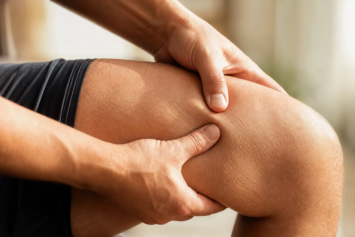 Mains massant l’arrière de la cuisse après une séance de sport