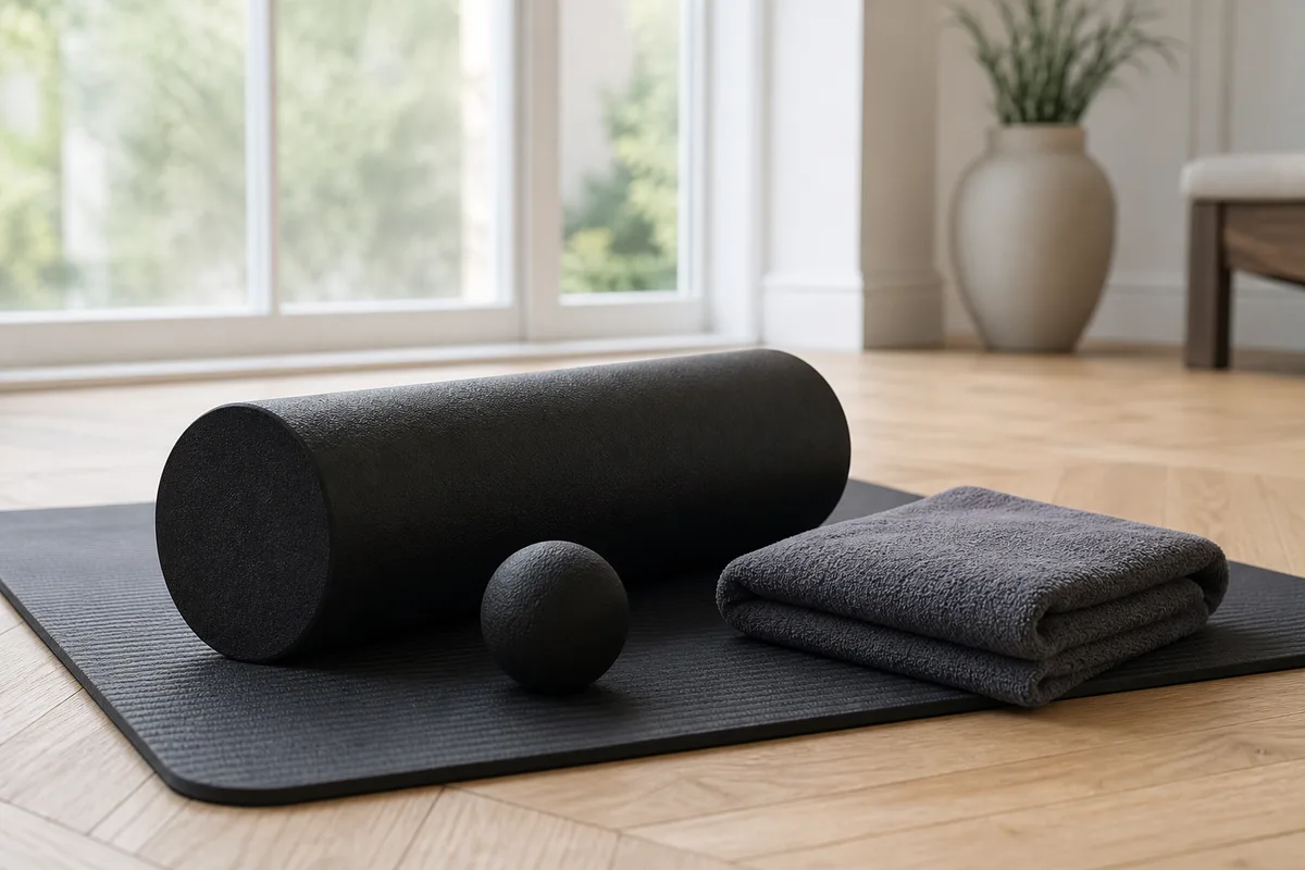 Rouleau de massage en mousse et tapis de sol posés près d’une fenêtre