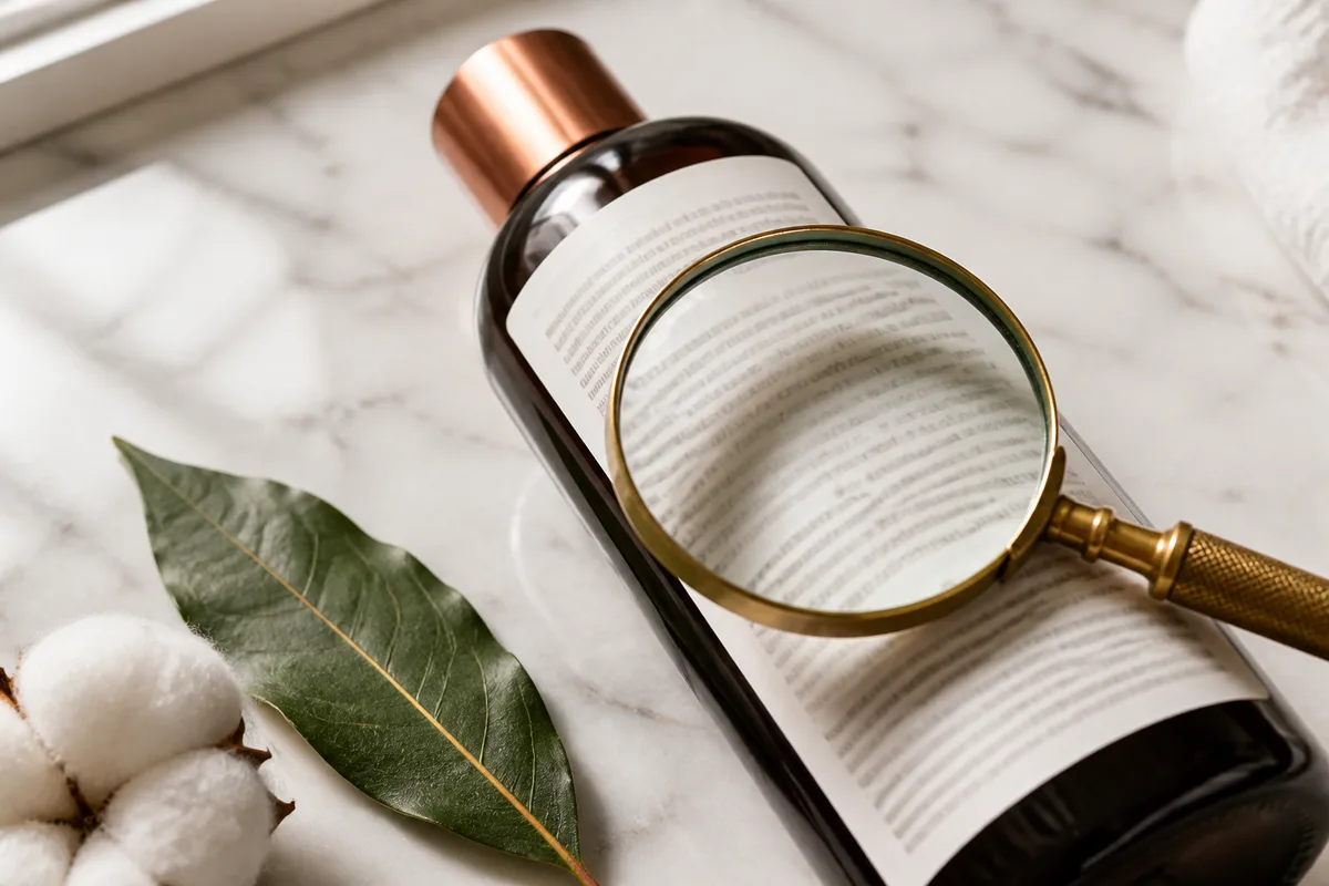 Étiquette de cosmétique lue à la loupe sur un plan de travail clair