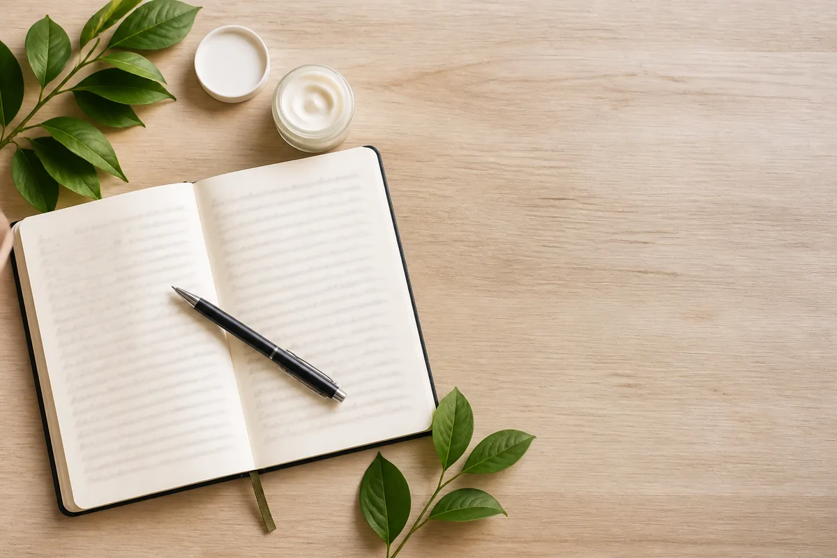 Carnet ouvert avec notes manuscrites a cote d un pot de creme et de feuilles vertes