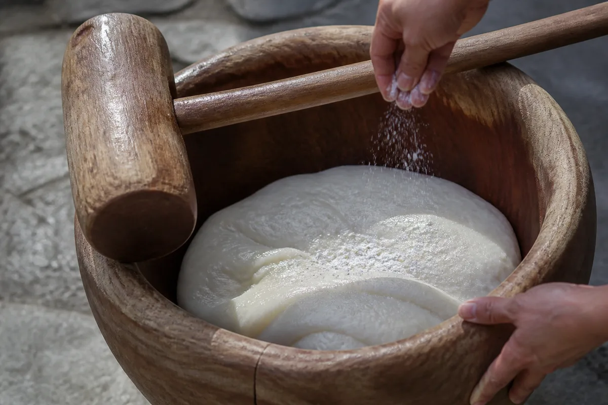 Pâte de riz gluant blanche dans un mortier de bois avec un maillet posé à côté