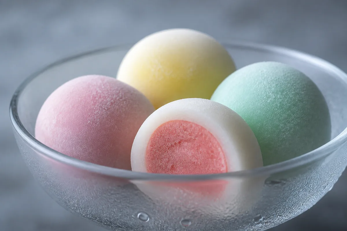 Mochis glacés pastel alignés dans une coupelle de verre lisse, givre en surface